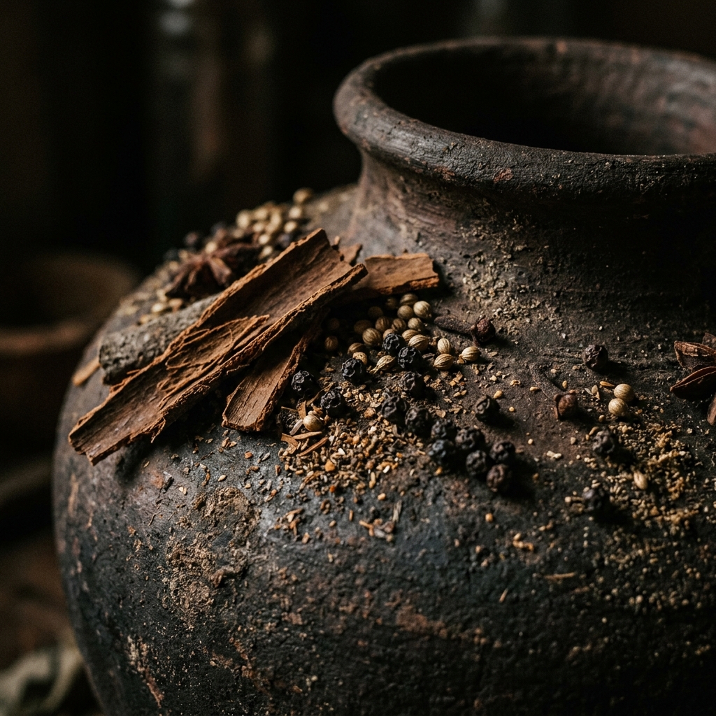 Macro close-up of textured earthen clay mortar pot with cardamom, pepper, and dried cinnamon bark